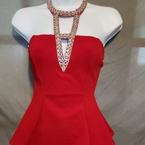 Klaxons Red Embellished Peplum Blouse Size Small Like New